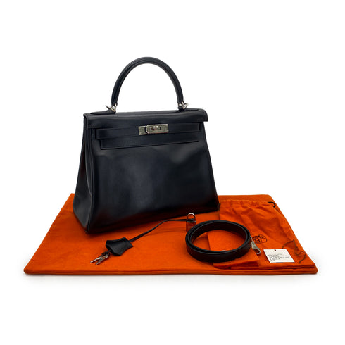 HERMES KELLY 28 RETOURNE BLACK BOXCALF HAND SHOULDER BAG □G SHW 90285750 - PURPOSE