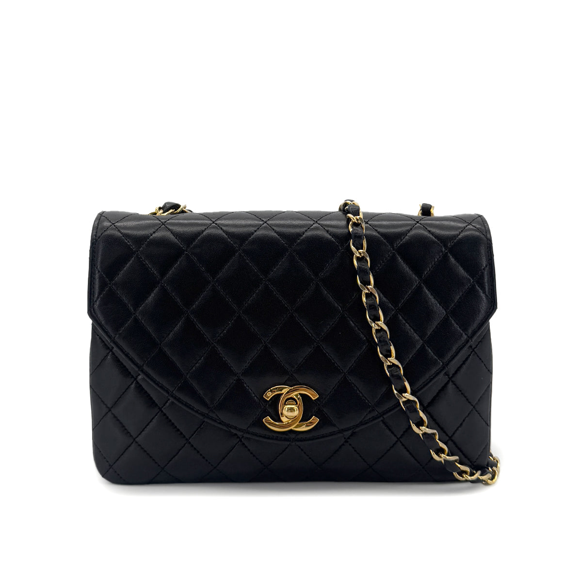 CHANEL VINTAGE MATELASSE HALF MOON CHAIN SHOULDER BAG BLACK LAMB SKIN 90285757