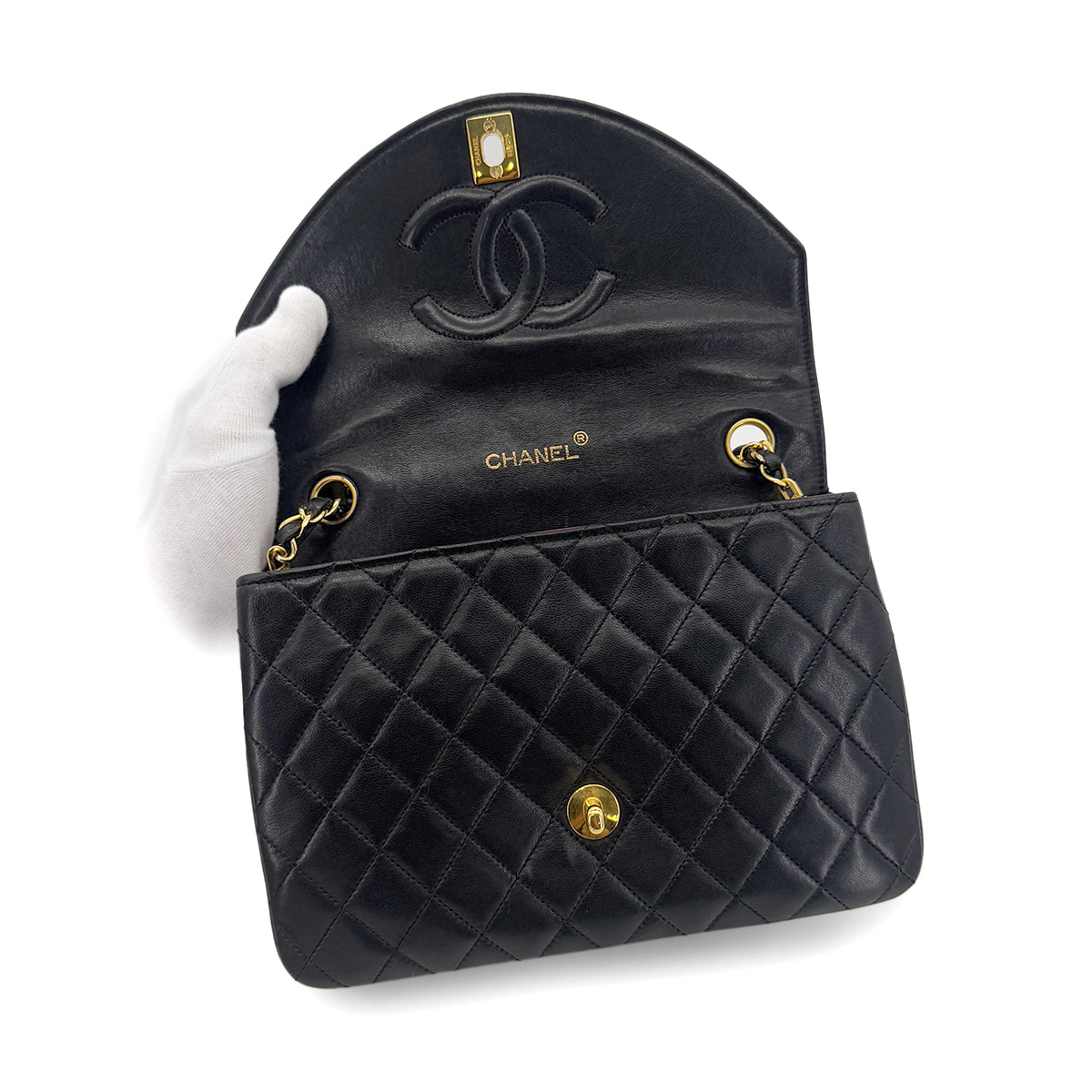 CHANEL VINTAGE MATELASSE HALF MOON CHAIN SHOULDER BAG BLACK LAMB SKIN 90285757