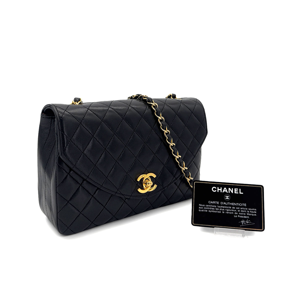 CHANEL VINTAGE MATELASSE HALF MOON CHAIN SHOULDER BAG BLACK LAMB SKIN 90285757