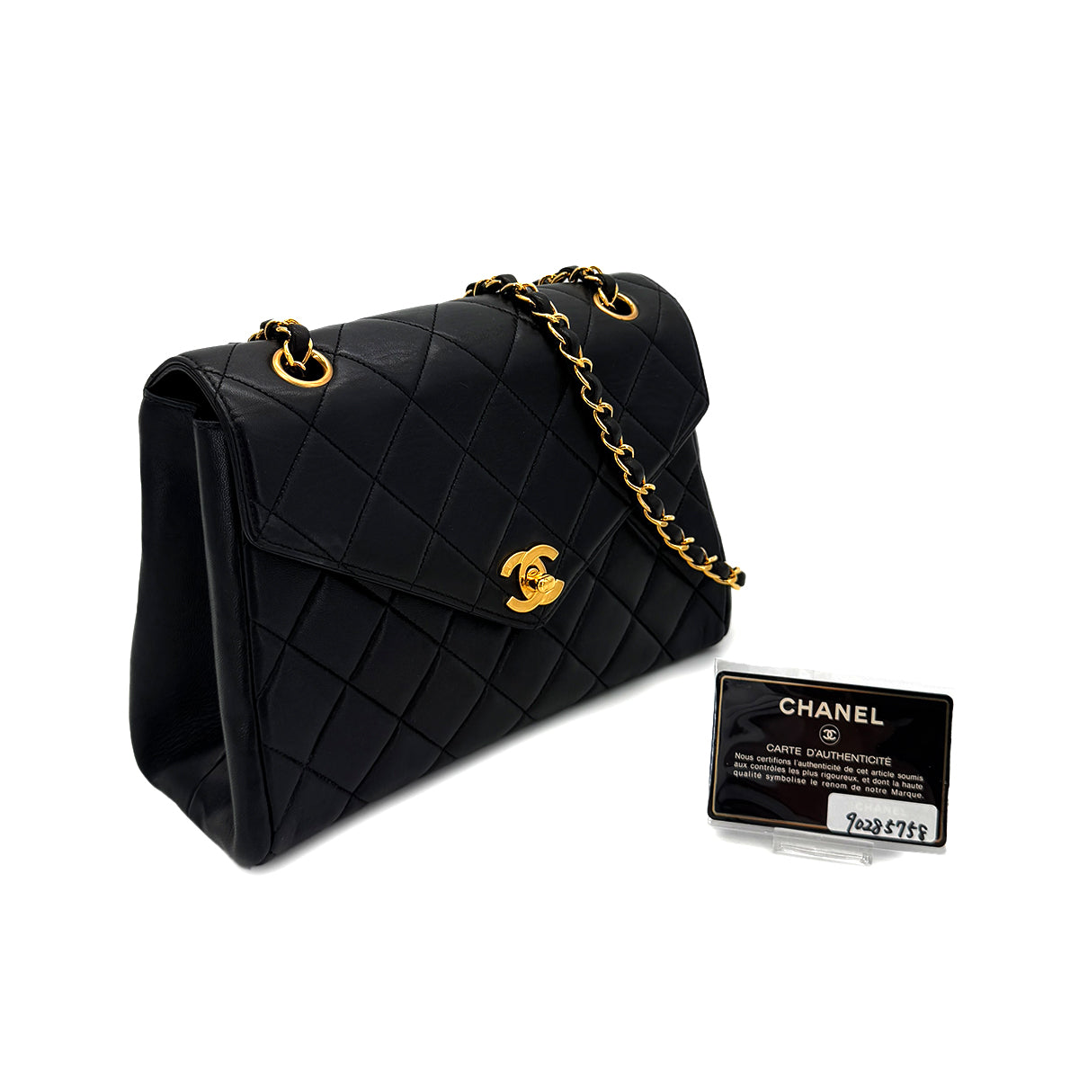 CHANEL VINTAGE MATELASSE TRAPEZOID CHAIN SHOULDER BAG BLACK LAMB SKIN 90285758