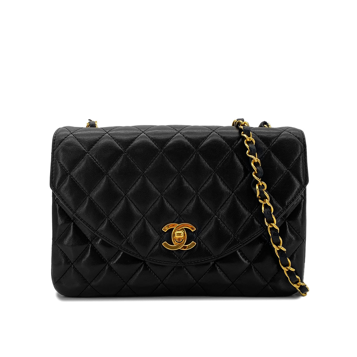 CHANEL VINTAGE MATELASSE HALF MOON CHAIN SHOULDER BAG BLACK LAMB SKIN 90285913