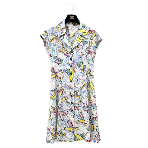 CHANEL VINTAGE COCO BUTTON AIRPLANE PATTERN DRESS 94SS RUNWAY COLLECTION MULTICOLOR SILK 38 94P RTW 90285954 - PURPOSE