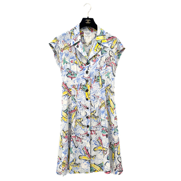 CHANEL VINTAGE COCO BUTTON AIRPLANE PATTERN DRESS 94SS RUNWAY COLLECTION MULTICOLOR SILK 38 94P RTW 90285954