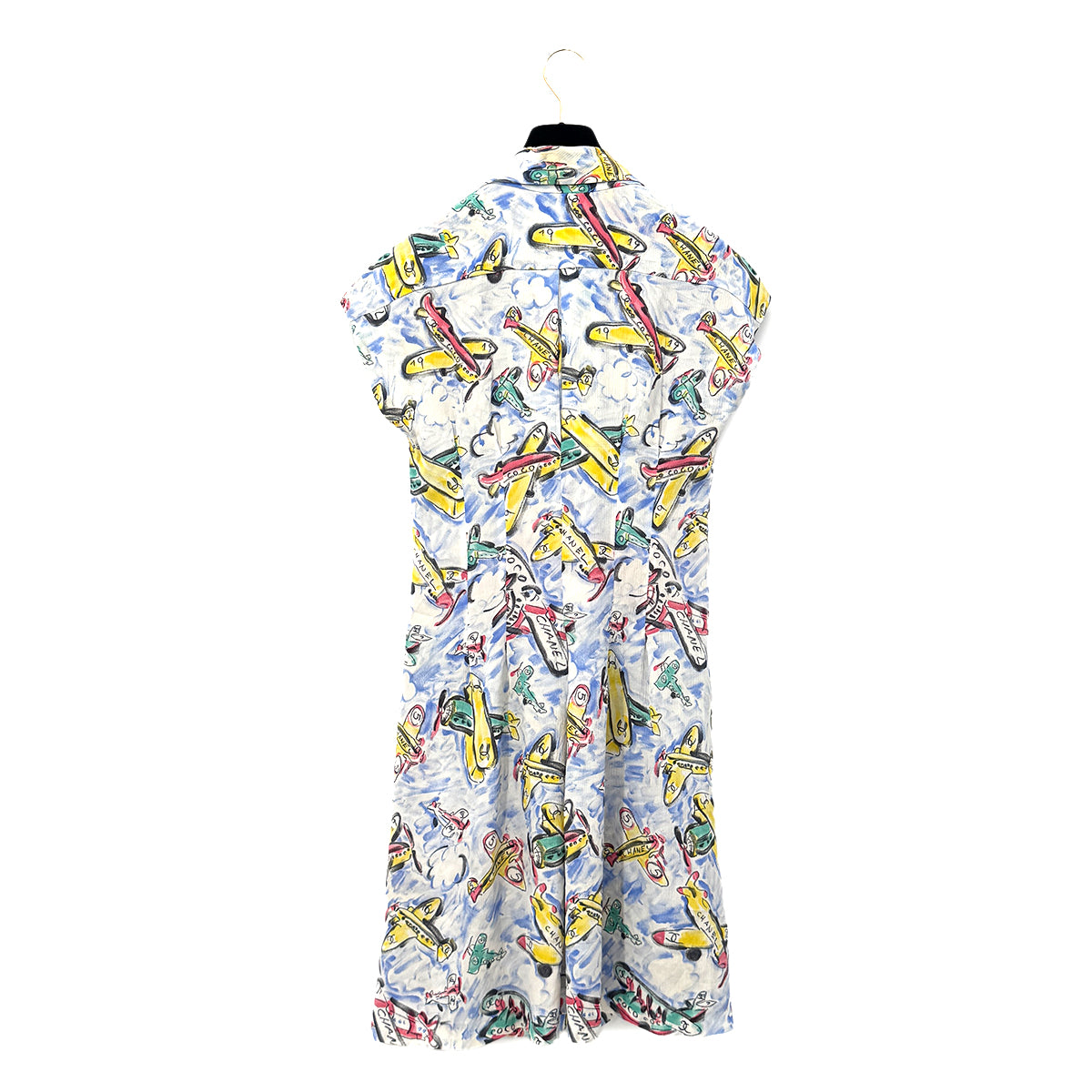 CHANEL COCO BUTTON AIRPLANE PATTERN DRESS 94SS RUNWAY COLLECTION MULTICOLOR SILK 38 94P RTW 90285954