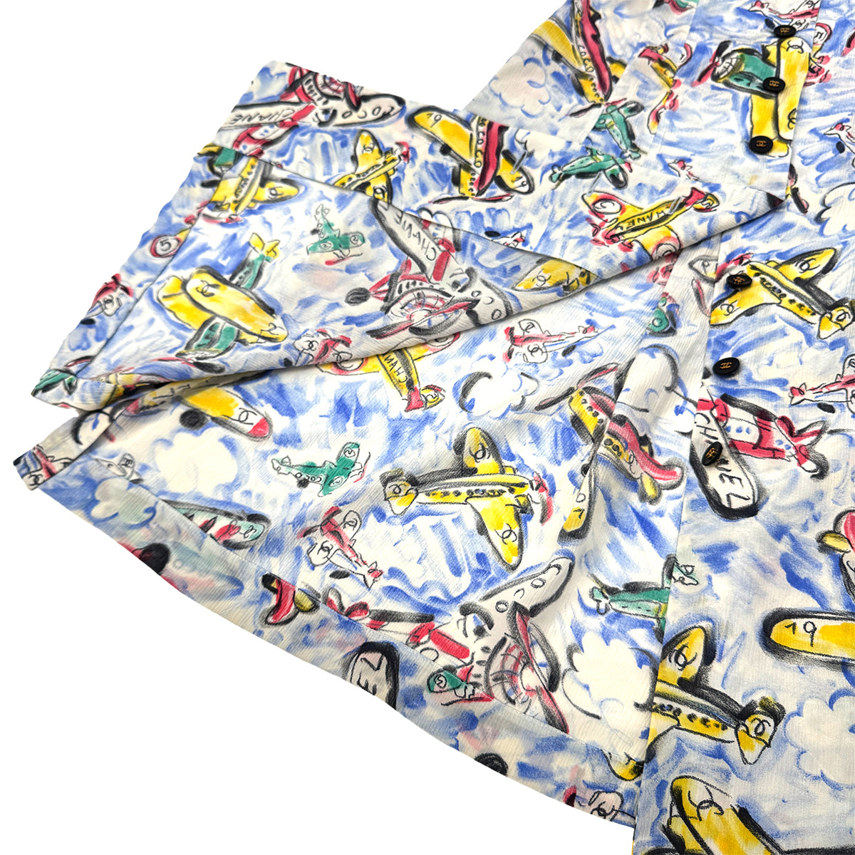 CHANEL COCO BUTTON AIRPLANE PATTERN DRESS 94SS RUNWAY COLLECTION MULTICOLOR SILK 38 94P RTW 90285954