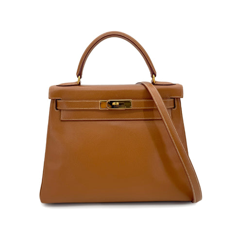 HERMES KELLY 28 RETOURNE GOLD COUCHEVEL HAND SHOULDER BAG □B GHW 90286020 - PURPOSE