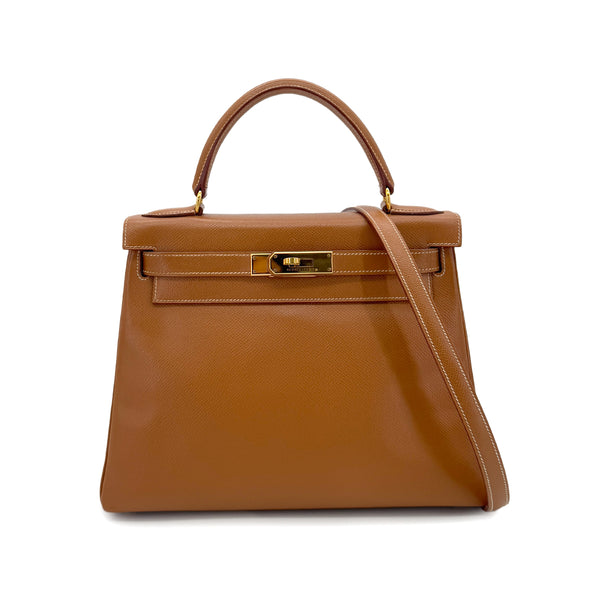 HERMES KELLY 28 RETOURNE GOLD COUCHEVEL HAND SHOULDER BAG □B GHW 90286020 - PURPOSE