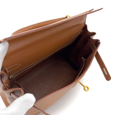 HERMES KELLY 28 RETOURNE GOLD COUCHEVEL HAND SHOULDER BAG □B GHW 90286020 - PURPOSE