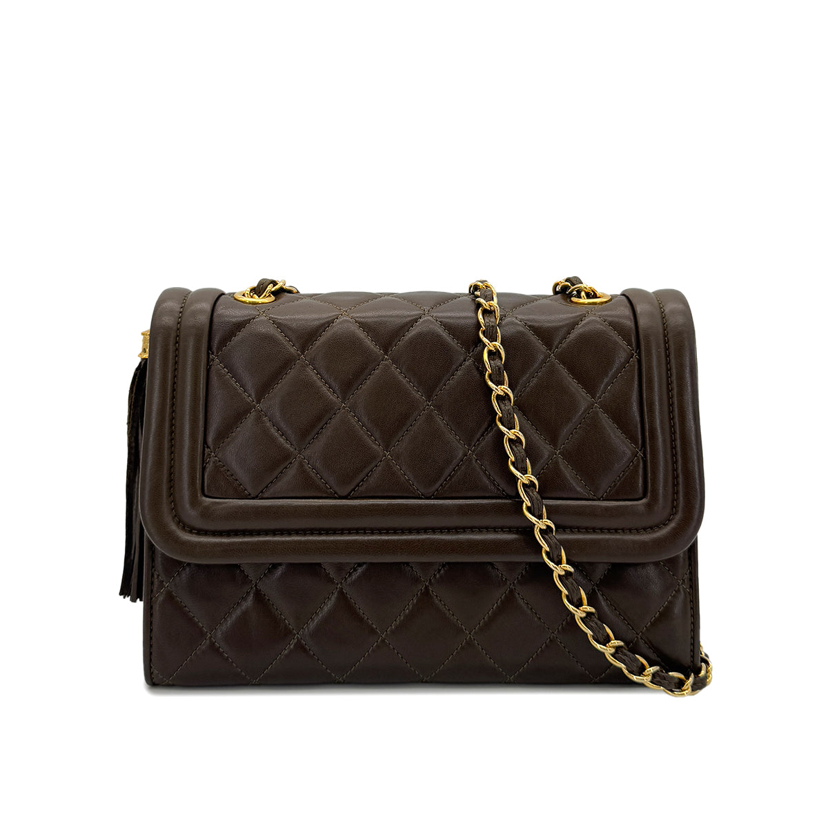 CHANEL VINTAGE MATELASSE CHAIN SHOULDER BAG FRINGE BROWN LAMB SKIN 90286188