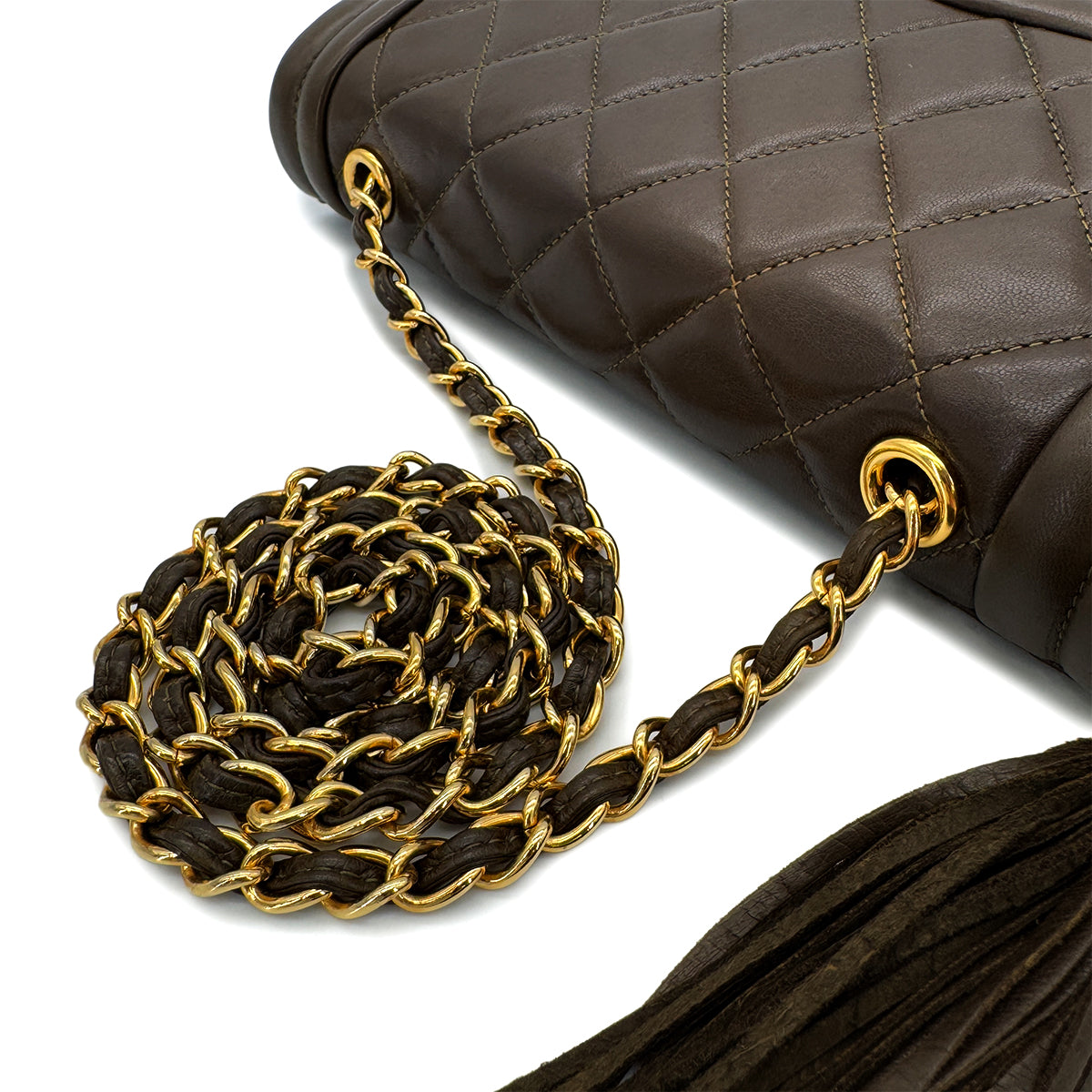 CHANEL VINTAGE MATELASSE CHAIN SHOULDER BAG FRINGE BROWN LAMB SKIN 90286188