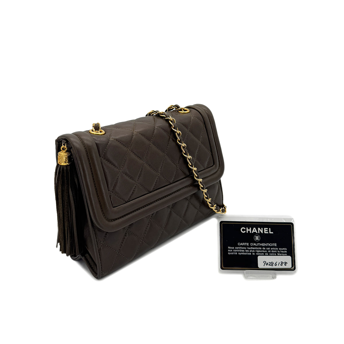 CHANEL VINTAGE MATELASSE CHAIN SHOULDER BAG FRINGE BROWN LAMB SKIN 90286188