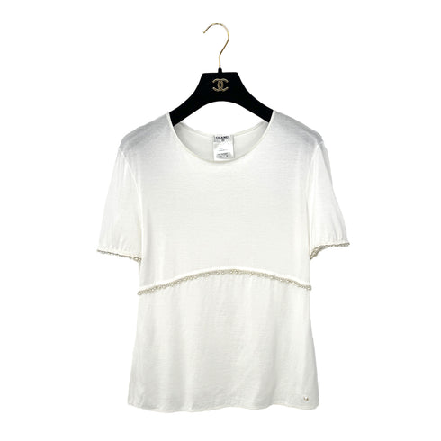 CHANEL FAUX PEARL T-SHIRT WHITE COCOMARK VISCOSE 38 P52 RTW 90286204