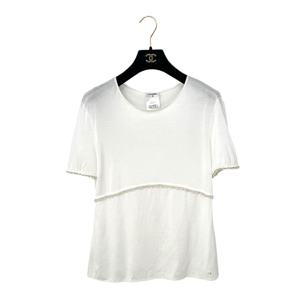 CHANEL FAUX PEARL T-SHIRT WHITE COCOMARK VISCOSE 38 P52 RTW 90286204