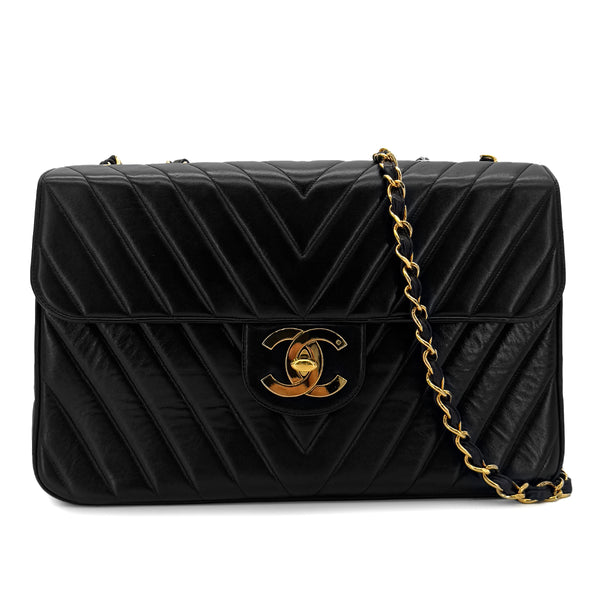 CHANEL VINTAGE CHEVRON CHAIN SHOULDER BAG BLACK LAMB SKIN 90286581 - PURPOSE