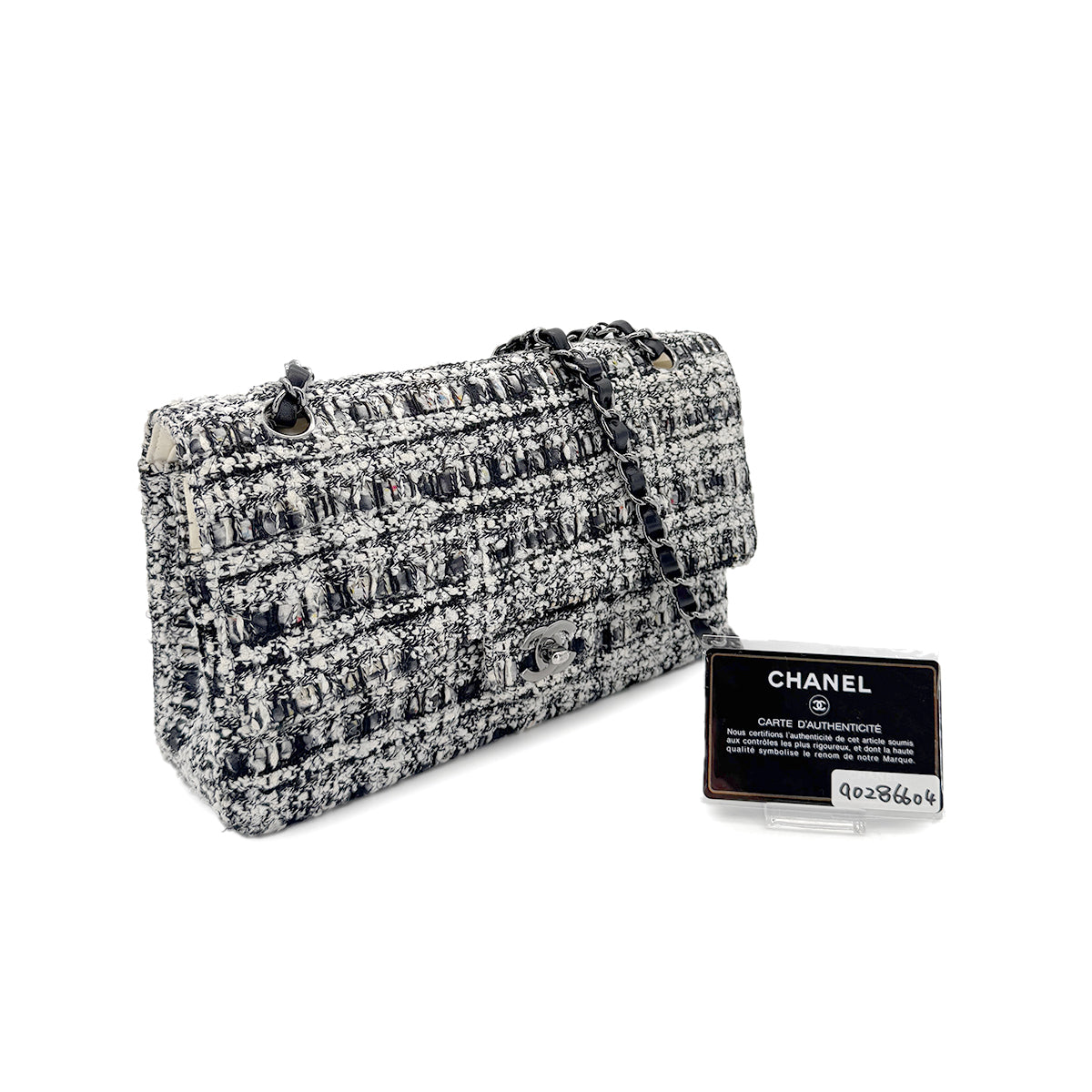 CHANEL VINTAGE MATELASSE CHAIN SHOULDER BAG BLACK WHITE TWEED 90286604