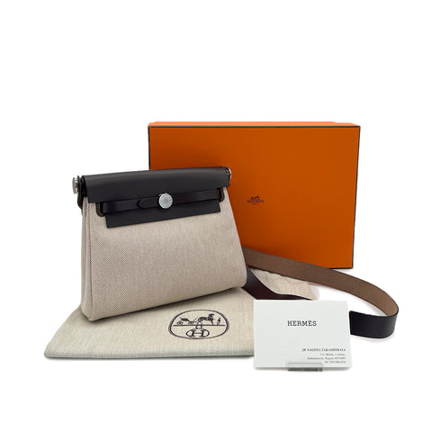 HERMES HER BAG ZIP 20 EBENE ECRU VACHE HUNTER TOILE H SHOULDER BAG K 90286857 - PURPOSE