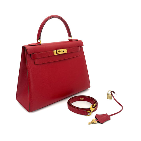 HERMES KELLY 28 SELLIER ROUGE VIF COUCHEVEL HAND SHOULDER BAG 〇X GHW 90286866 - PURPOSE