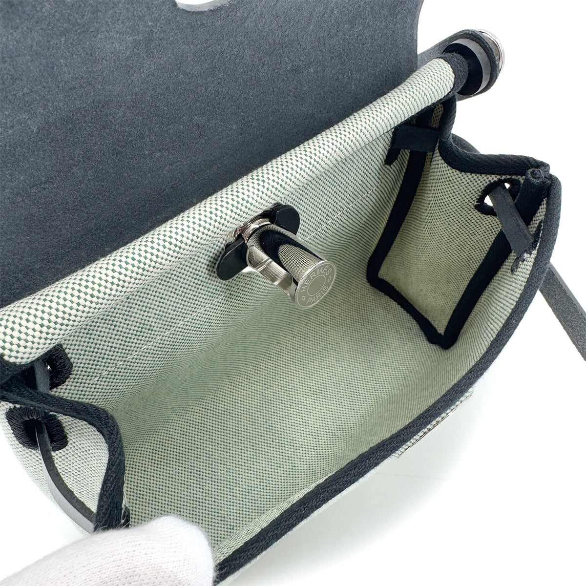 HERMES HER BAG ZIP 20 BLACK VERT MOYEN ECRU VACHE HUNTER TOILE H SHOULDER BAG K 90286869
