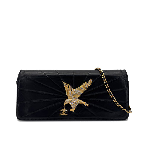 CHANEL VINTAGE STRASS IMPERIAL EAGLE CLUTCH CHAIN SHOULDER BAG COCOMARK RHINESTONE GOLD BLACK LAMB SKIN 90286870 - PURPOSE
