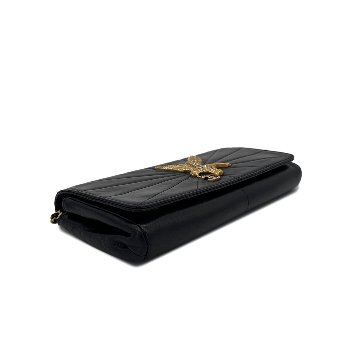 CHANEL VINTAGE STRASS IMPERIAL EAGLE CLUTCH CHAIN SHOULDER BAG COCOMARK RHINESTONE GOLD BLACK LAMB SKIN 90286870