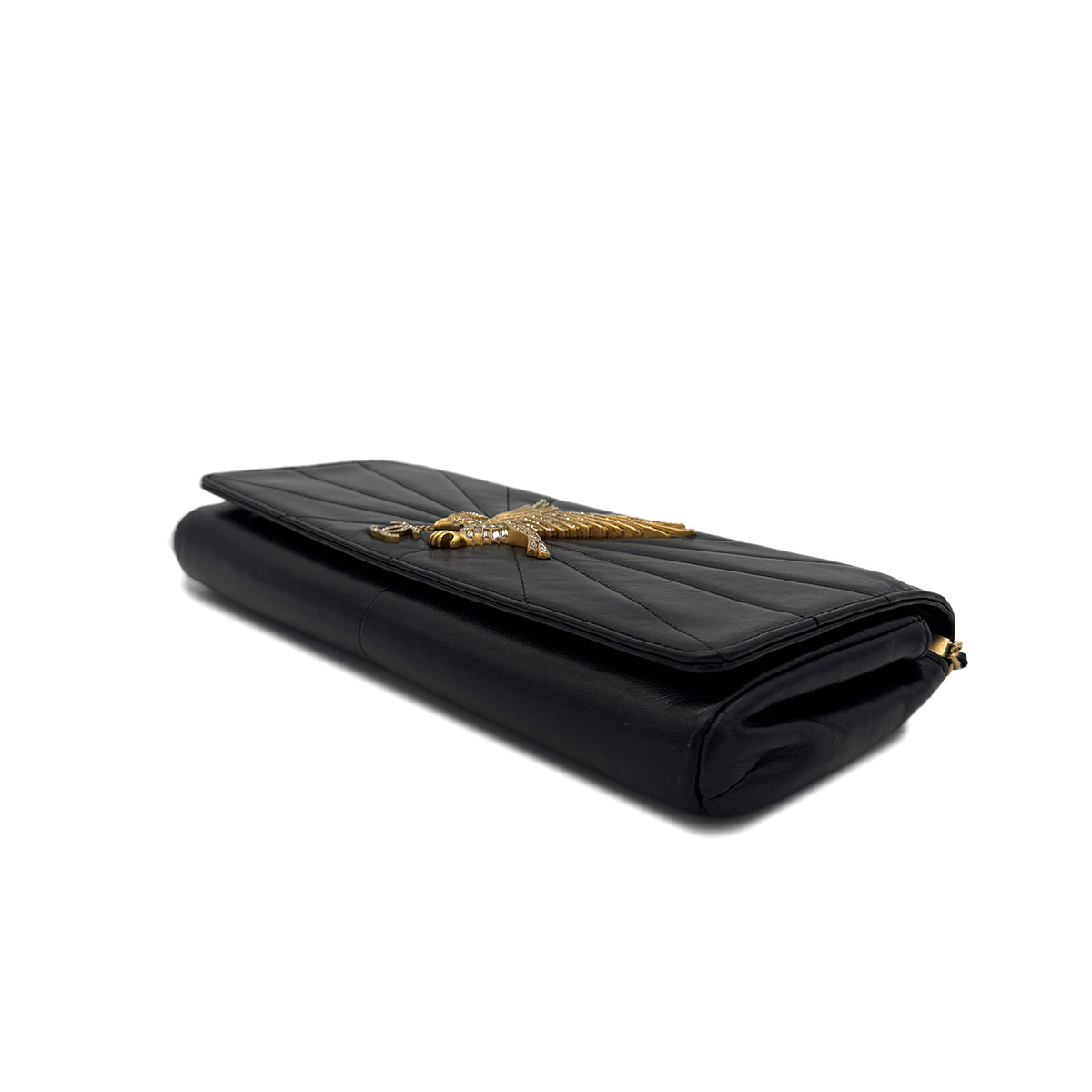 CHANEL VINTAGE STRASS IMPERIAL EAGLE CLUTCH CHAIN SHOULDER BAG COCOMARK RHINESTONE GOLD BLACK LAMB SKIN 90286870