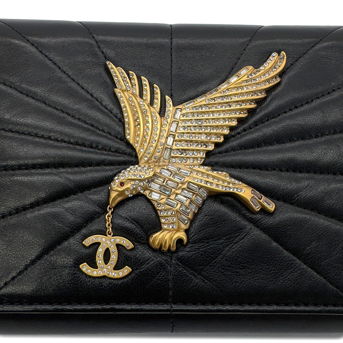 CHANEL VINTAGE STRASS IMPERIAL EAGLE CLUTCH CHAIN SHOULDER BAG COCOMARK RHINESTONE GOLD BLACK LAMB SKIN 90286870