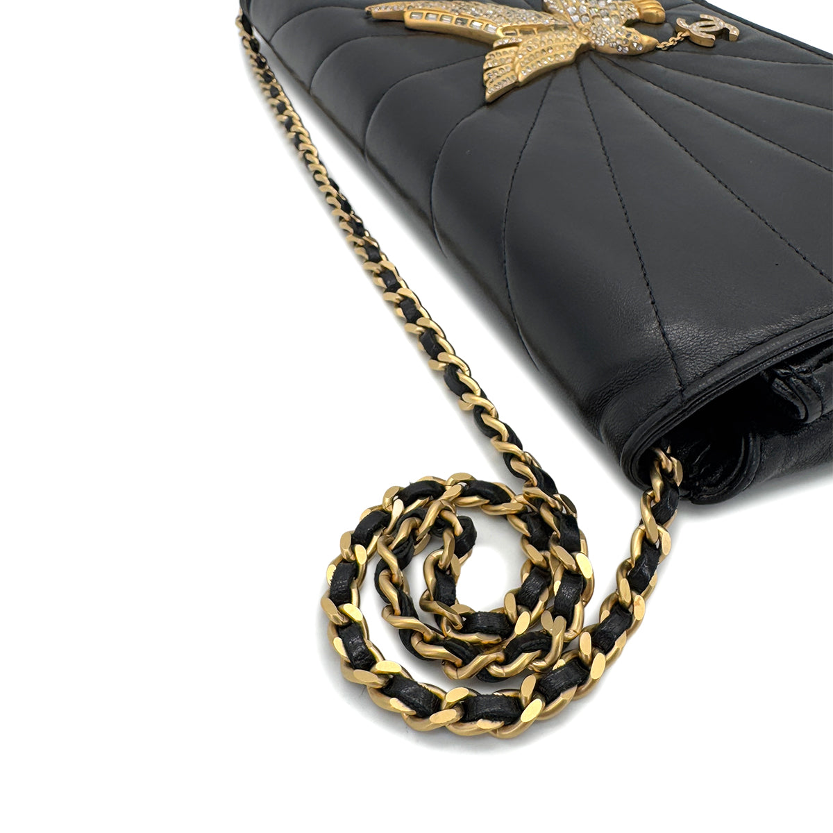 CHANEL VINTAGE STRASS IMPERIAL EAGLE CLUTCH CHAIN SHOULDER BAG COCOMARK RHINESTONE GOLD BLACK LAMB SKIN 90286870