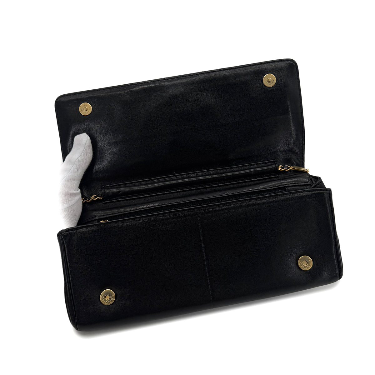 CHANEL VINTAGE STRASS IMPERIAL EAGLE CLUTCH CHAIN SHOULDER BAG COCOMARK RHINESTONE GOLD BLACK LAMB SKIN 90286870