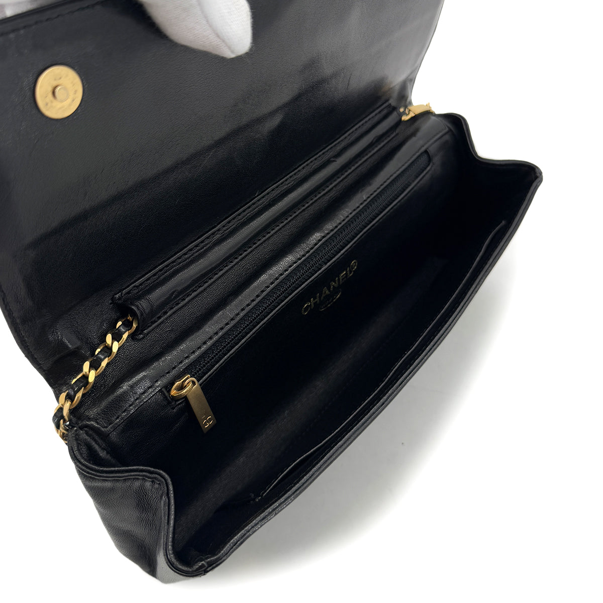 CHANEL VINTAGE STRASS IMPERIAL EAGLE CLUTCH CHAIN SHOULDER BAG COCOMARK RHINESTONE GOLD BLACK LAMB SKIN 90286870