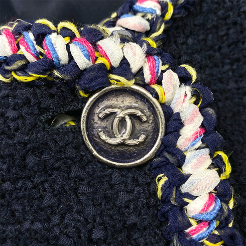 CHANEL COCO BUTTON NO COLLAR TWEED JACKET NAVY COTTON 34 P70 RTW 90286877