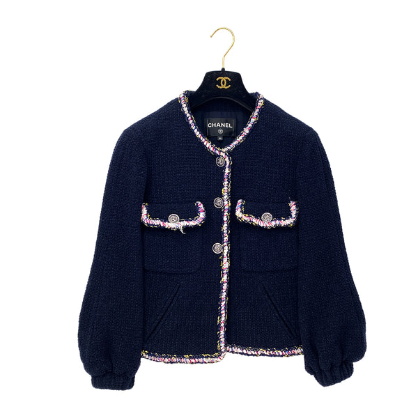 CHANEL COCO BUTTON NO COLLAR TWEED JACKET NAVY COTTON 34 P70 RTW 90286877