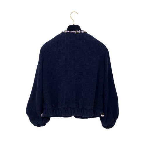 CHANEL COCO BUTTON NO COLLAR TWEED JACKET NAVY COTTON 34 P70 RTW 90286877