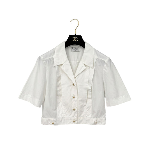 CHANEL VINTAGE COCO BUTTON FRONT SHORT SLEEVE BLOUSE WHITE GOLD COTTON RTW 90286880 - PURPOSE