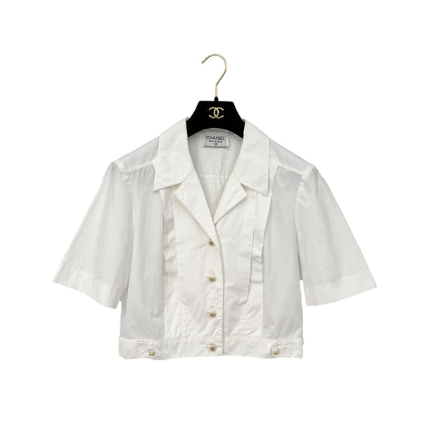 CHANEL VINTAGE COCO BUTTON FRONT SHORT SLEEVE BLOUSE WHITE GOLD COTTON RTW 90286880