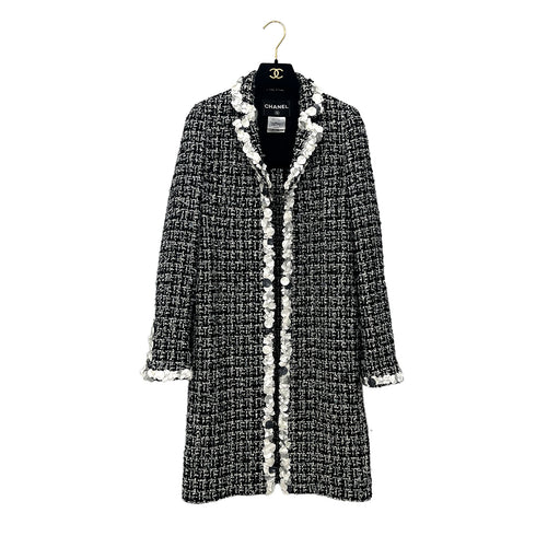 CHANEL PRE-OWNED 2009 OPEN FRONT TWEED COAT BLACK WHITE NYLON WOOL 34 09P RTW 90286881