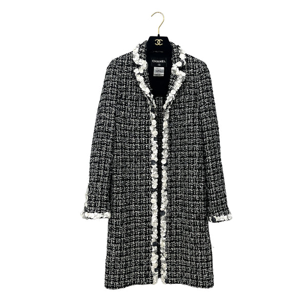 CHANEL PRE-OWNED 2009 OPEN FRONT TWEED COAT BLACK WHITE NYLON WOOL 34 09P RTW 90286881