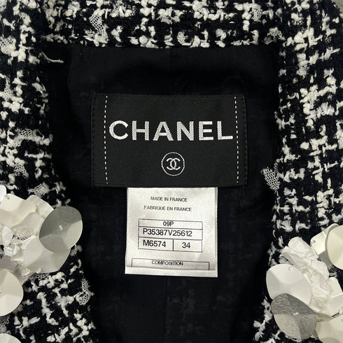CHANEL PRE-OWNED 2009 OPEN FRONT TWEED COAT BLACK WHITE NYLON WOOL 34 09P RTW 90286881