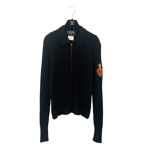 CHANEL VINTAGE COCOMARK LOGO PATCH ZIP LIB KNIT TOPS BLACK CASHMERE 44 96A RTW 90286890 - PURPOSE