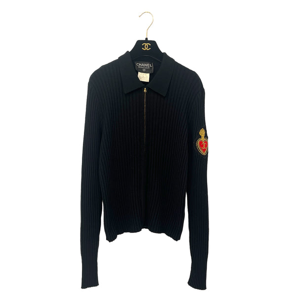 CHANEL VINTAGE COCOMARK LOGO PATCH ZIP LIB KNIT TOPS BLACK CASHMERE 44 96A RTW 90286890