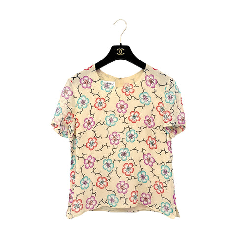 CHANEL VINTAGE COCO BUTTON CAMELLIA HALF SLEEVE TOPS BEIGE SILK 38 01S RTW 90286894