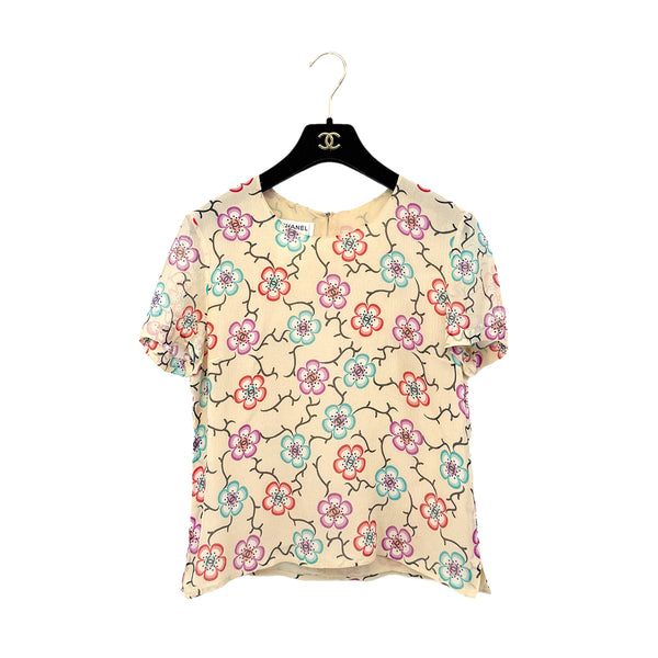 CHANEL VINTAGE COCO BUTTON CAMELLIA HALF SLEEVE TOPS BEIGE SILK 38 01S RTW 90286894