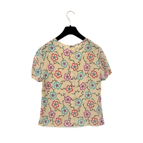 CHANEL VINTAGE COCO BUTTON CAMELLIA HALF SLEEVE TOPS BEIGE SILK 38 01S RTW 90286894