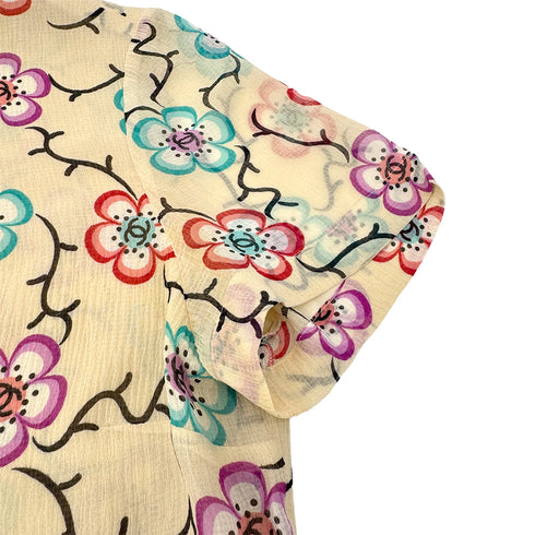 CHANEL VINTAGE COCO BUTTON CAMELLIA HALF SLEEVE TOPS BEIGE SILK 38 01S RTW 90286894