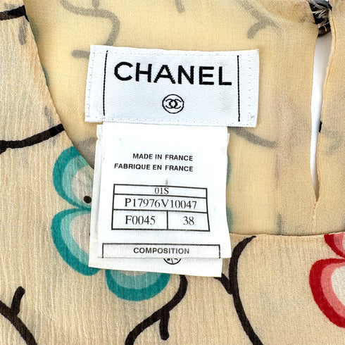CHANEL VINTAGE COCO BUTTON CAMELLIA HALF SLEEVE TOPS BEIGE SILK 38 01S RTW 90286894
