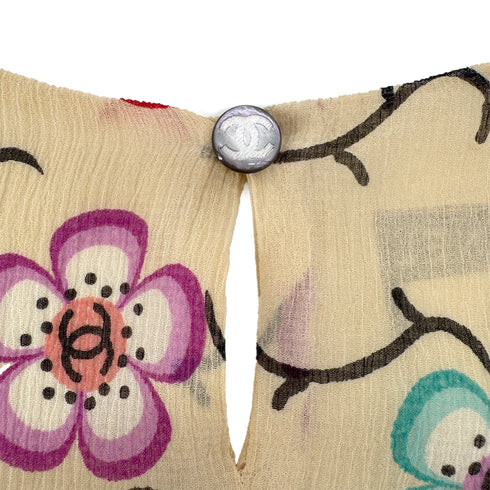 CHANEL VINTAGE COCO BUTTON CAMELLIA HALF SLEEVE TOPS BEIGE SILK 38 01S RTW 90286894