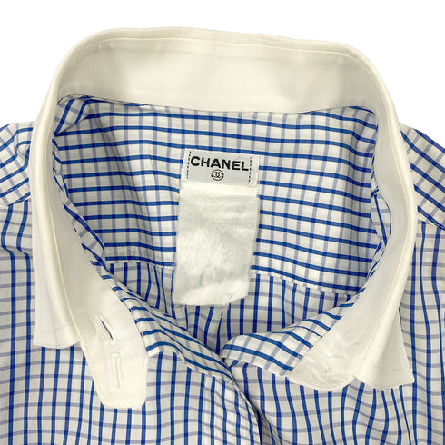 CHANEL COCOMARK GINGHAM CHECK BLOUSE BLUE WHITE COTTON RTW 90286902