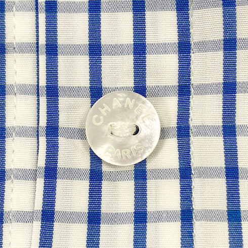 CHANEL COCOMARK GINGHAM CHECK BLOUSE BLUE WHITE COTTON RTW 90286902