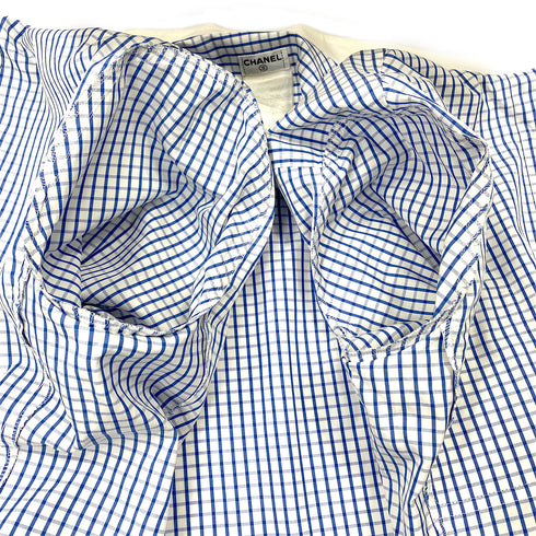 CHANEL COCOMARK GINGHAM CHECK BLOUSE BLUE WHITE COTTON RTW 90286902