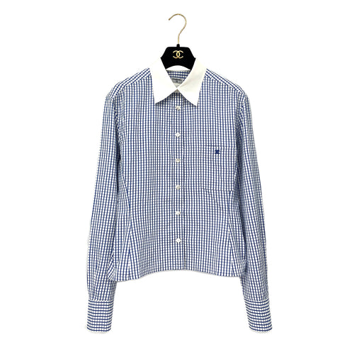 CHANEL COCOMARK GINGHAM CHECK BLOUSE BLUE WHITE COTTON RTW 90286902